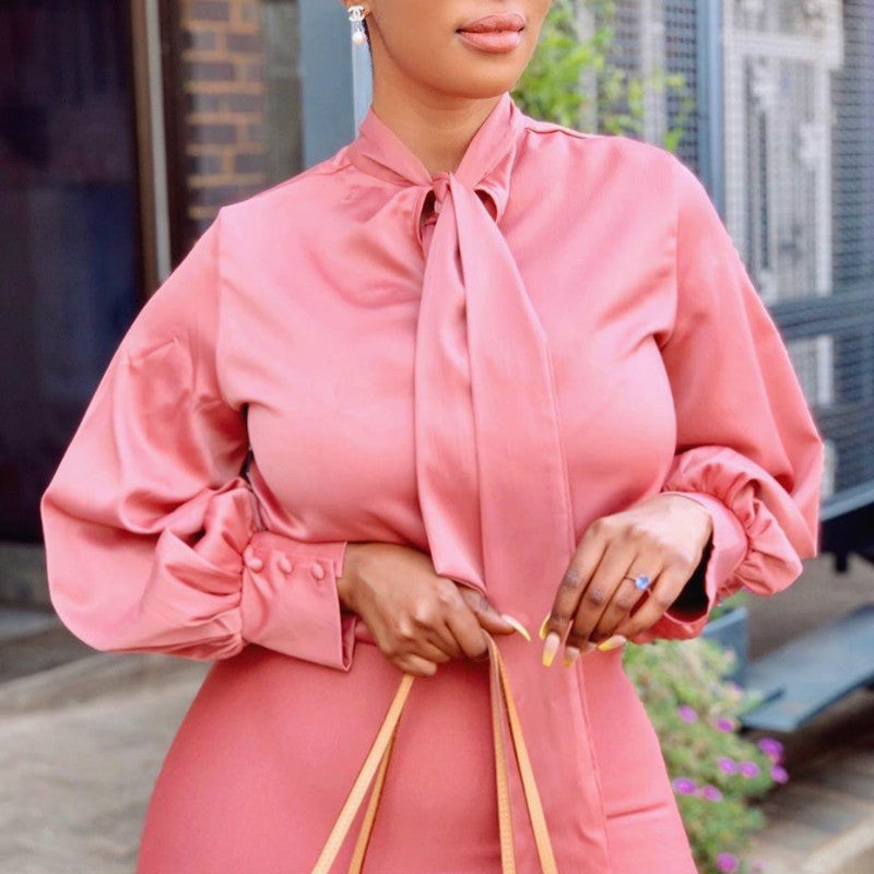 2021 Women Blouse with Bowtie Long Sleeves Elegant Office Ladies Summer Silk Pink Yellow Fashion Tops Modest Female Classy New Bluas Hxoq