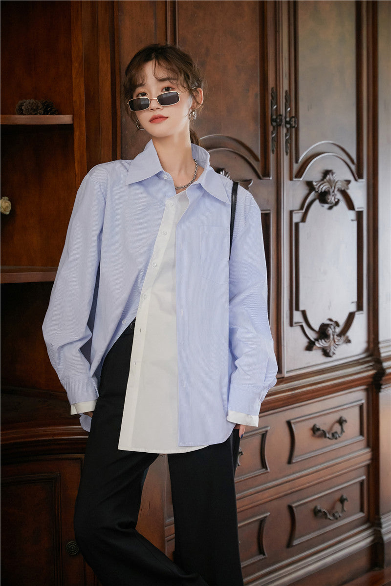 2021 New Desinger Pathcwork Long Sleeve Women Tops and Blouses Light Blue Button Up Collar Shirt Casual Autumn Spring 5eei