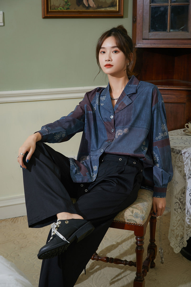 2021 New Vintage Button Up Collar Shirt Womem Floral Print Lapel Blue Long Sleeve Tops and Blouses Fall Fashion Clothing Juf0