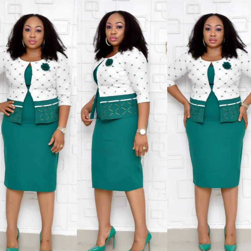 2021 New Office Lady African Clothes 2 Print Two Piece Set Plus Size Es Suit o Neck Three Quarter Pink Green 3xl 4xl Adfq