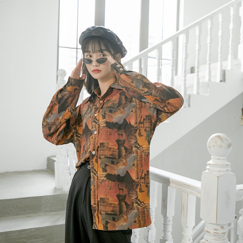 2021 New Vintage Long Sleeve Blouse Woman Autumn Print Button Up Collar Shirt Loose Top Blouses Shirts Fashion Clothing Cxxz