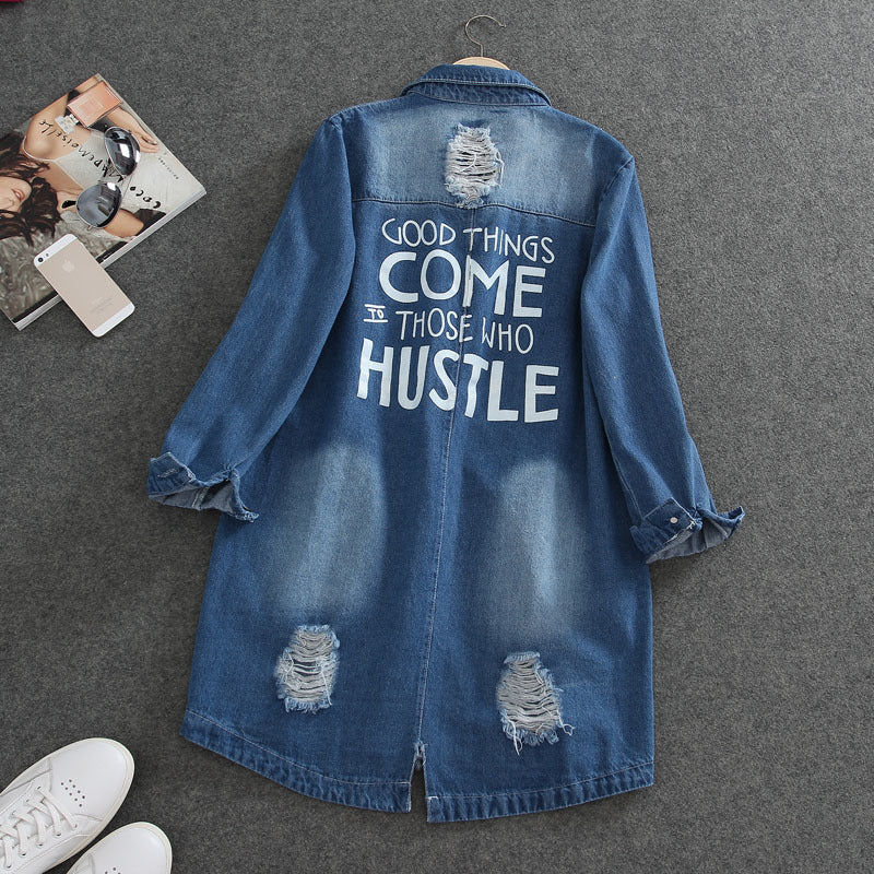 Plus Size S-9xl Denim Jackets Women Outerwear Hole Sleeve Autumn New Long Jean Jacket Female Loose Letter Print Jeans Coat 4v86