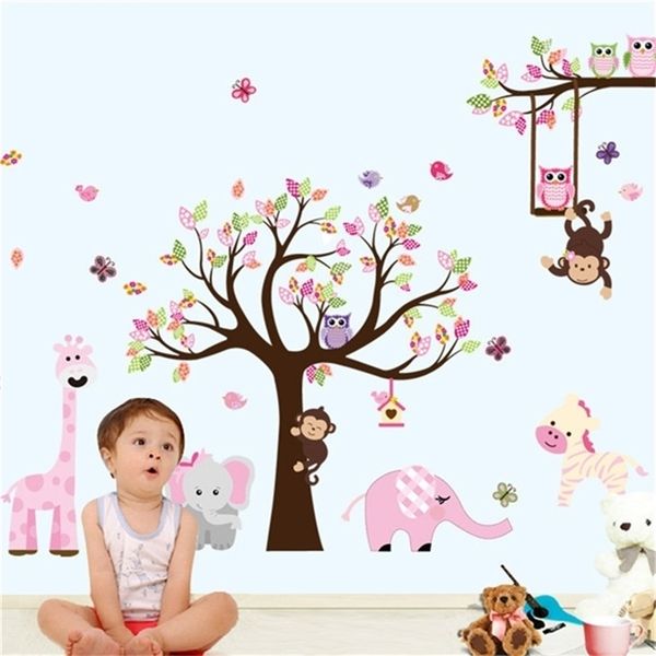 Latest XXL Cartoon Animals Zoo Owl Butterfly Monkey Wall Stickers for Kids Room Home Decor Colorful Tree Decal Stick on Wall Y200102