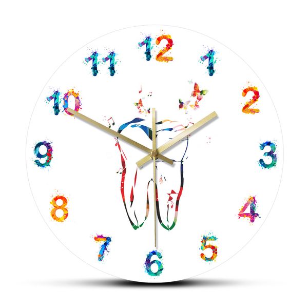 Colorful Tooth with Butterflies Fashion Printed Acrylic Wall Clocks Dental Health Modern Minimalist Quartz Mute Wall Clock 210309