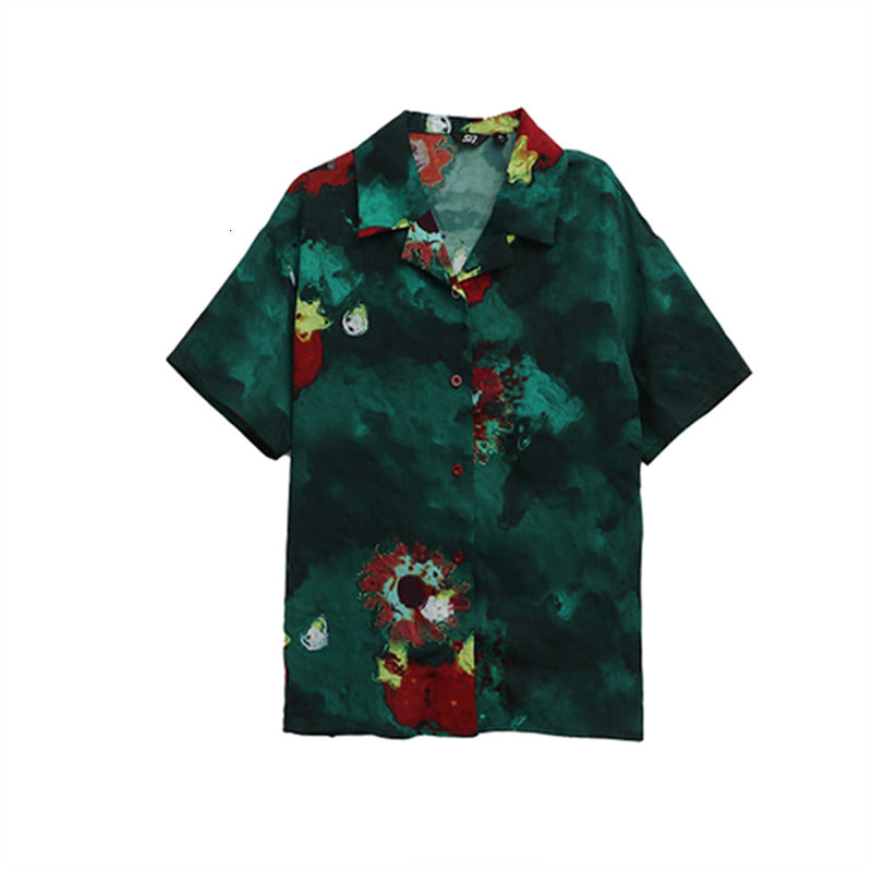 2021 New Tie Dye Green Patchwork Red Short Sleeve Shirt Summer Loose Baggy Button Up Women Shirts Blouses Fashion V3ca