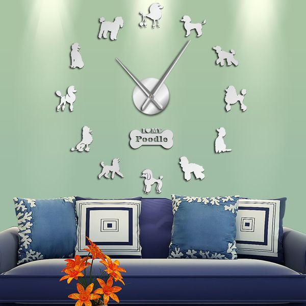 Poodle Big Hand Modern Pudelhund Giant Clock Dining Room Decor Caniche Mirror Effect DIY Large Wall Art 210309
