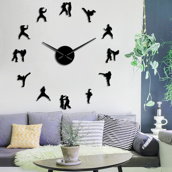 Karate Taekwondo Large DIY Wall Clock Athlete Fighting Mirror Wall Stickers Wall Watch Clocks Living Room Decoration Horologe 210309