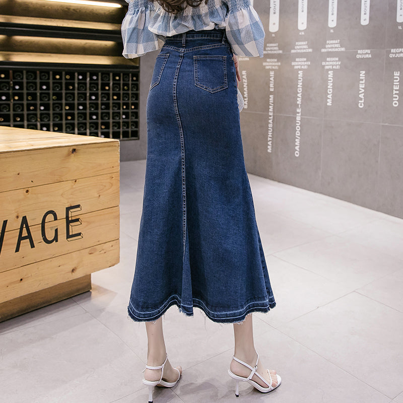 2021 New Spring Summer Women Denim Expansion Skirts Ruffles High Waist Pocket Stretchy Long Mermaid Skirt Cotton Ropa Mujer B05801 W8qa