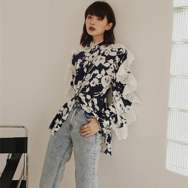 2021 New Ruffles Lace Blouse Women Floral Long Sleeve Stand Collar Shirt Designer Top High Fashion Ladies Blouses Fall Clothes 93f4