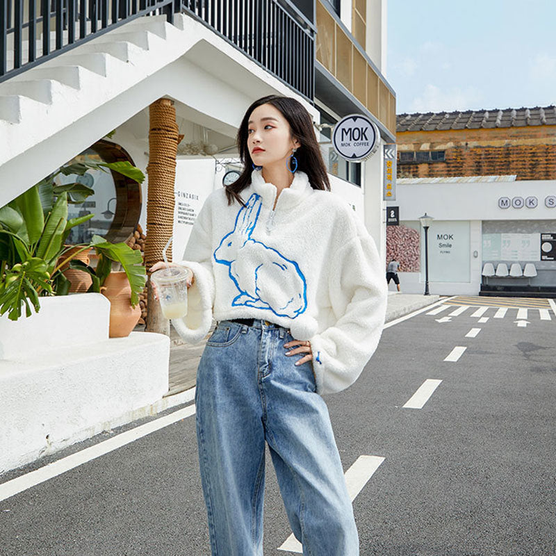 2021 New Cropped Sweatshirt Women White Rabbit Animal Print Fur Loose Zipper Neck Fuzzy Hoodie Winter Crop Top O0mn