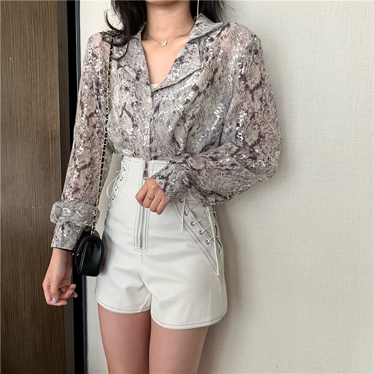 2021 New Snake Print Sequin Glitter Ladies Top Long Sleeve Button Down Shirt for Women Autumn Blouse Korean Fashion Dzze