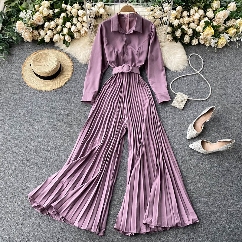 2021 Spring Autumn Women Pleated Romper Ladies Office Turn-down Collar Long Sleeve High Waist Wide Leg Draped Jumpsuit Fashion 0bt7