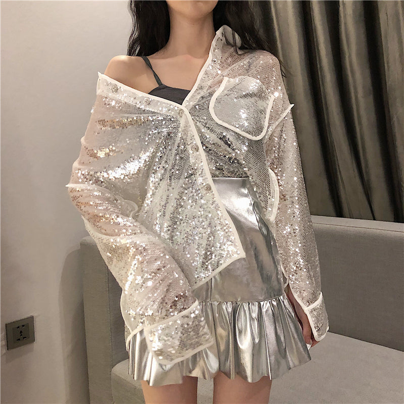 2021 New Bling Sequin Long Sleeve Shirt Women Loose Glitter Blouse White Black See Through Top Clubwear Clothes 8fc4