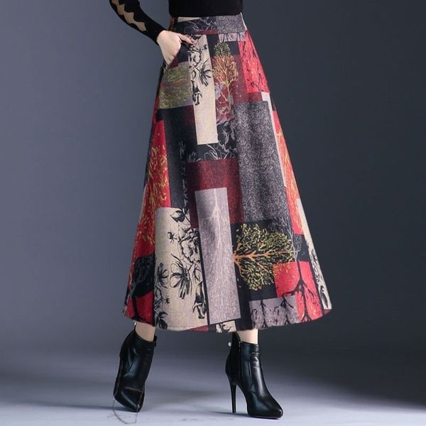 Autumn Winter A-line Long Skirts Womens Maxi Skirt Female High Waist Warm Wool Skirt Elegant Office Lady Printing Plaid Skirt 210309