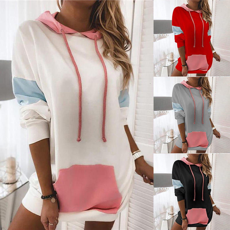 2021 Fashion Street Women&#039;s Patchwork Mid-length Spring and Autumn Casual Skateboard Sport Comfortable Jumper Hoodie Unqa