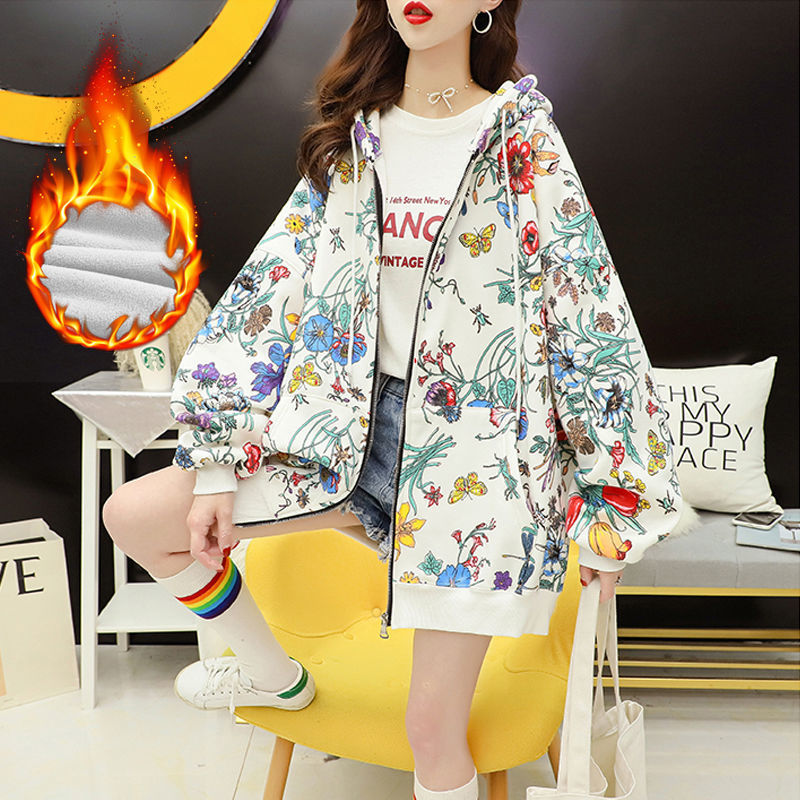 2021 New Casual Floral Print with Zipper Women Sweatshirts Korean Autumn Winter Oversized Hooded Hoodies Outerwear Plus Size Atv1