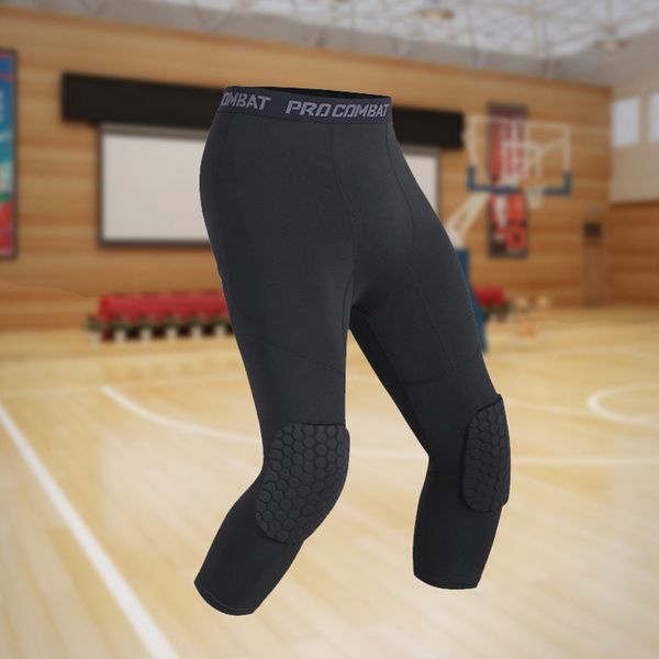 Men&#039;s Safety Anti-collision Pants Pads Basketball Training 3-4 Tights Leggings with Knee Protector Sports Compression Trousers