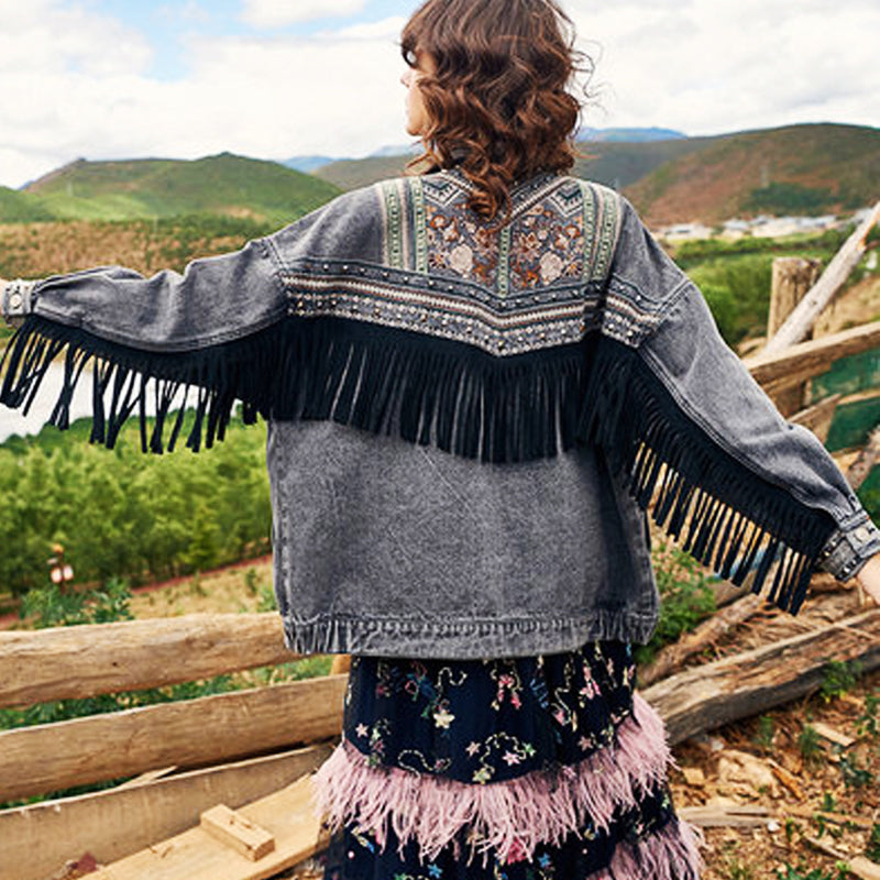 2021 New Long Sleeve Black Denim Women Jackets Autumn Vintage Floral Embroidery Suede Fringe Coat Outerwear Jacket Pky0
