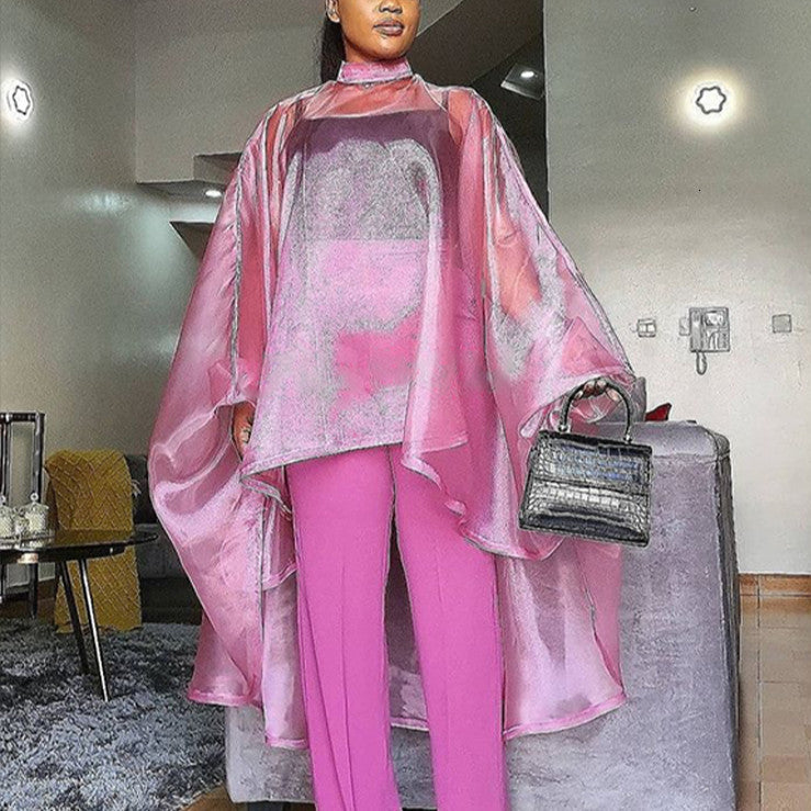 2021 New Women See Through Oversized Loose Top Blouses Shirt Irregular Length High Low Big Batwing Sleeve Party Birthday Club Wear Spring Sz