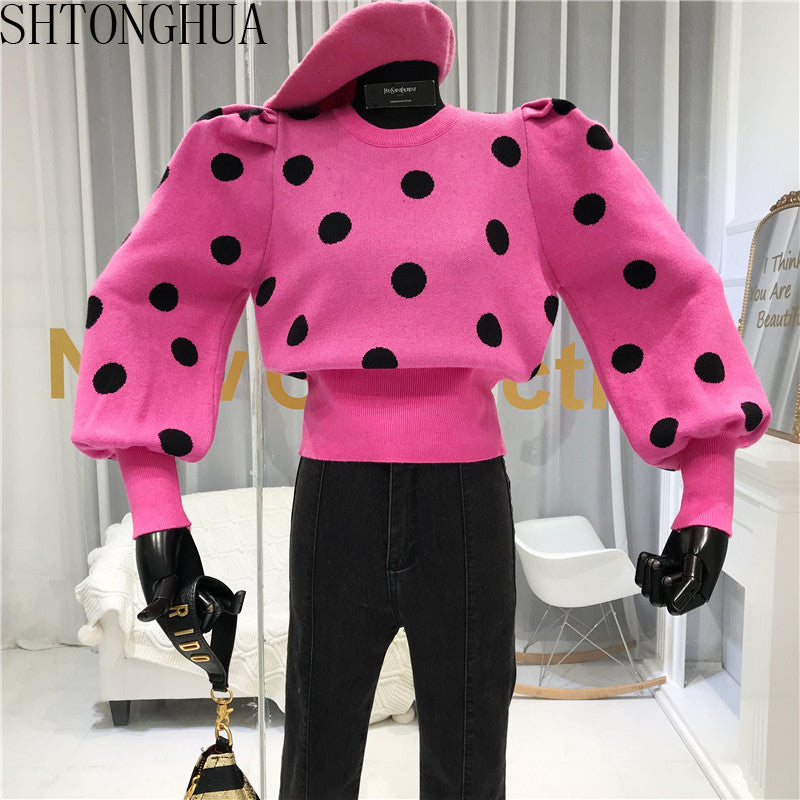 Round Neck Polka Dot Sweater Dress Sweet Bubble Sleeve Pullovers Female Fashion Jumper Winter Design