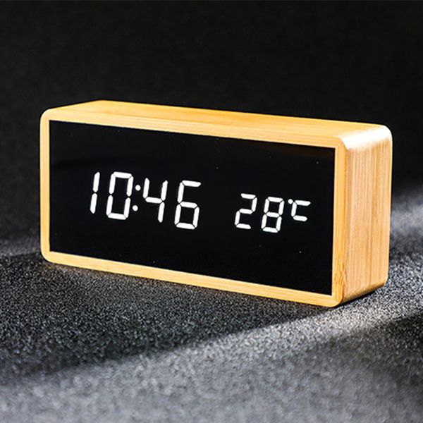 100% Bamboo Digital Alarm Clock Adjustable Brightness Voice Control Desk Large Display Time Temperature USB-Battery Powered 210310
