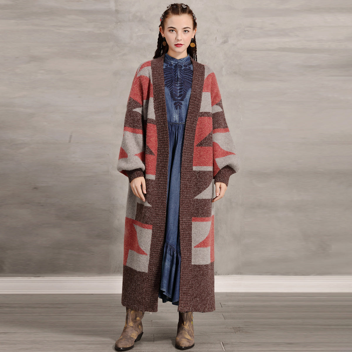 2021 New Winter Women Wool Loose Lantern Sleeve Long Sweater Cardigan Outerwear Retro Jacquard Thick Warm Overcoat 8uri