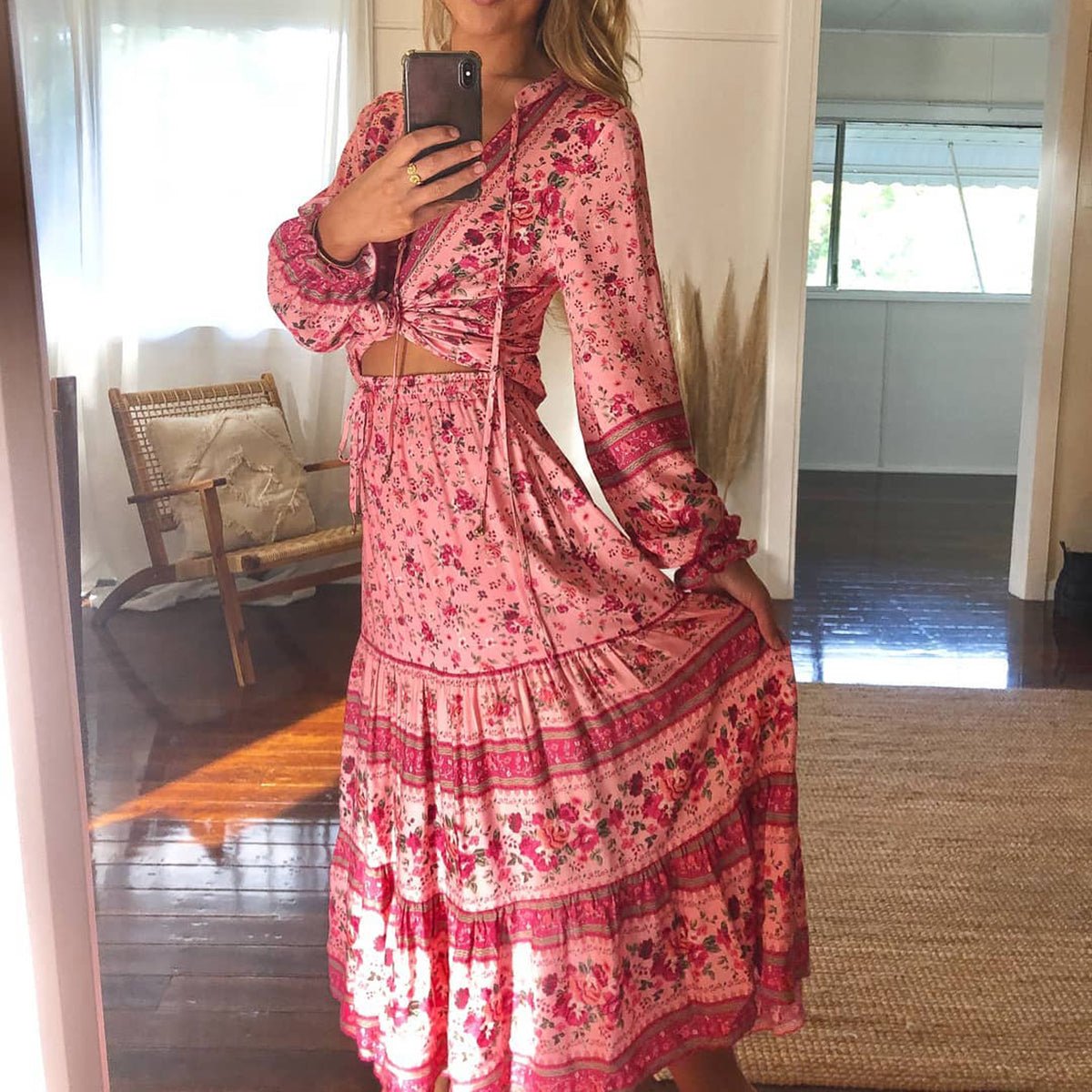 2021 New Women Floral Print Boho Beach Tassels Elastic Waist Ethnic Vintage Midi Skirts Bottoms Female Saia Jupe D15r