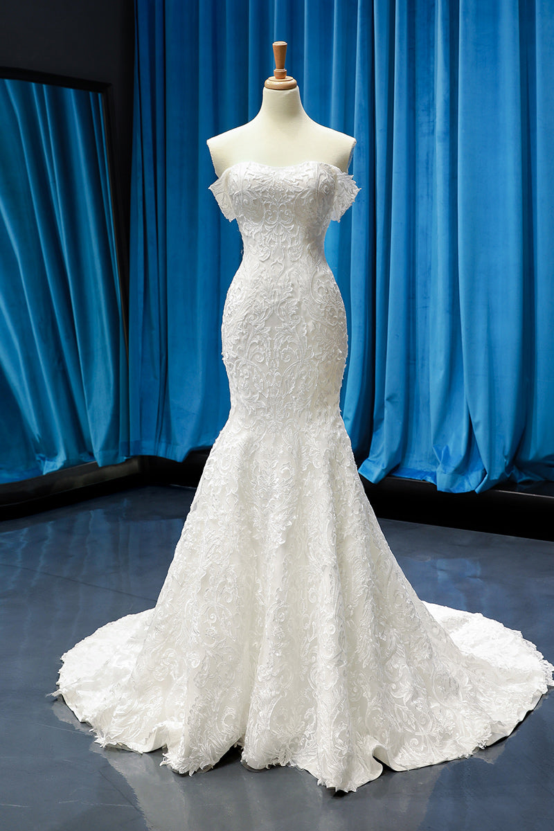Elegant White Off Shoulder Lace Mermaid Wedding Dresses Bridal Pageant Dresses Wedding Attire Dresses Custom Size 2-18 W312014