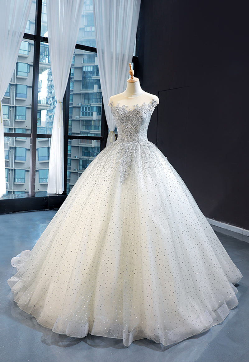 Grace Silver-Ivory Glitter Tulle Applique A-Line Wedding Dresses Bridal Pageant Dresses Wedding Attire Dresses Custom Size 2-18 W312017