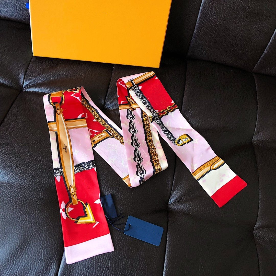 2021 double-layer main ribbon design scarf printed women&#039;s silk scarves fashion headscarf brand handbag small long 7*100cm