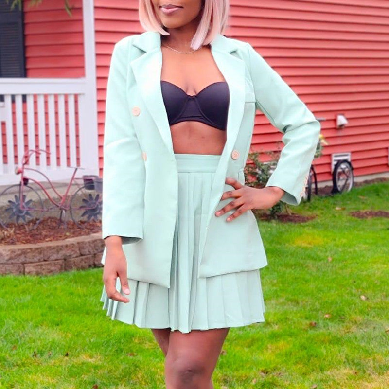 Women 2 Pieces Suit Skirt Turndown Collar Long Sleeve and Mini Pleated Skirts Suits Light Green 2021 Female Office Ladies New Kank