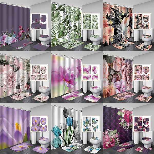4pcs-set bathroom accessories shower curtain toilet seat U-shaped mat bathroom floor mat, 9 types of plant style XD24583