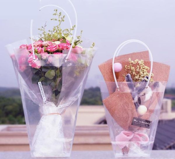Trapezoidal Transparent Gift Bag Plastic Storage Handbag PVC Flower Bags Shop Package Bags Party Holiday Flowers Handbags SN2500