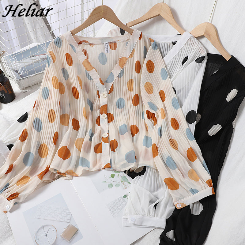 New Office Lady Polka Dot Blouse Chiffon Elegant V-neck Wonen Silk Blusas Mujer Casual Shirts Ol Loose Long Sleeve Shirt 2021 30h0