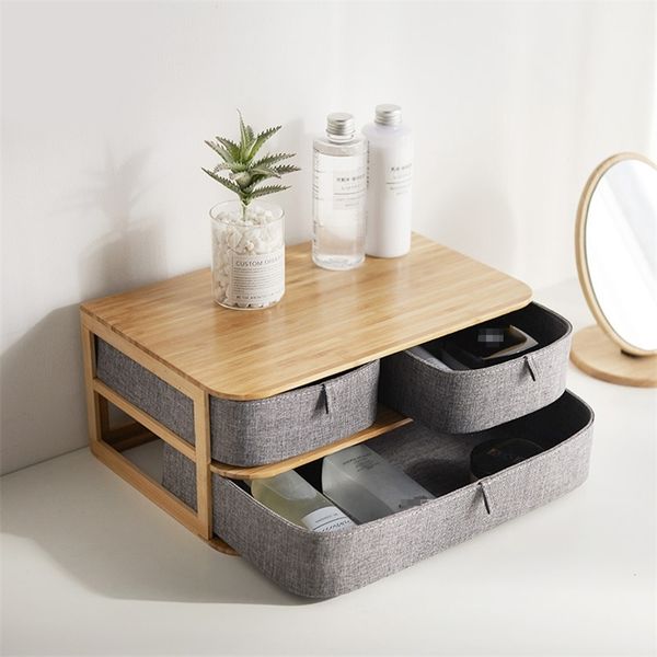 Wooden Storage Box Cosmetic Organizer Bamboo Cloth Office Desktop Storage Casket Makeup Storage Container Home Sundry Organiser 210315