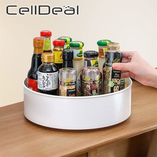 CellDeal 360 Rotating Round Spice Storage Rack Tray Turntable Kitchen Jar Holder Storage Box Multifunction Container Organizer 210315