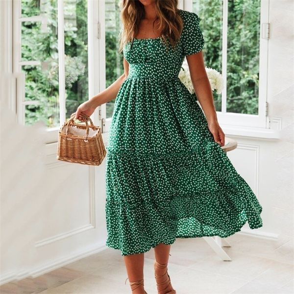Vintage Print Puff Sleeve Dress Women Summer New Sweet Casual Square Collar Green Floral Print Long Dresses Slim Vestidos 210312