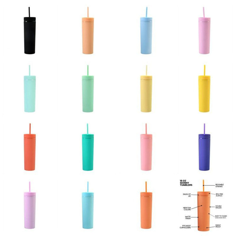 16oz 6 Colors Acrylic Skinny Tumbler With Lid Straws Plastic Tumbler Double Wall Milk Coffee Cups Matte Candy Colors Slim Cup For Travel