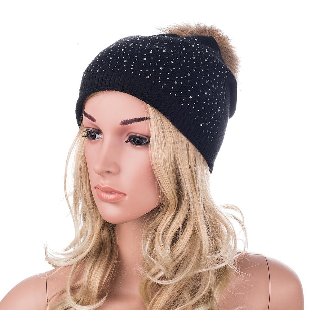 2021 New Knitting Mink Winter Beanies for Women Cashmere Fur Pom Hat with Rhinestone Skullies A397 3myi