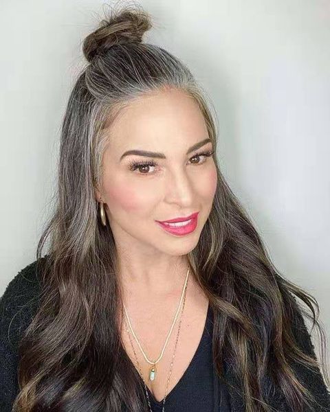 Long seamless grey Ponytail hair Extension clip ins 100 human salt &pepper natural highlights Wraps Drawstring naturel Wavy Pony tail Hairpi