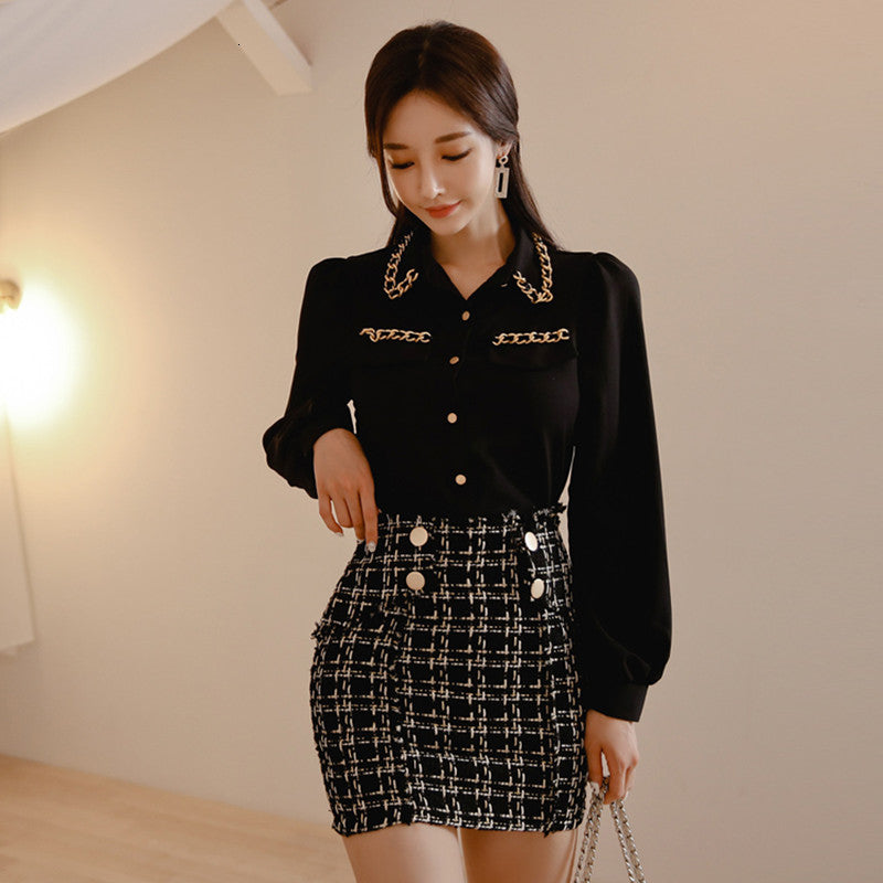 2021 New Tweed and White Blouse Women Long Sleeve Tops Chiffon Shirts Ladies Elegant Short Skirts Girls 2 Piece Suits Z0bu