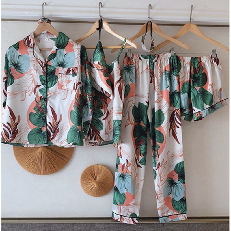 2021 New Women Set 7 Pieces Satin Stripes Faux Silk Printing Pajamas for Woman Spring Summer Sleepwear Homewear Nxj9