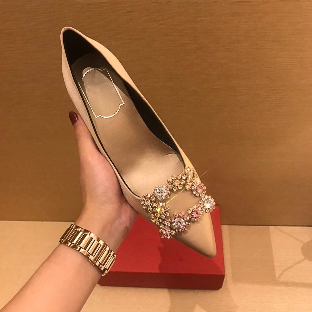 Women temperament sandals Real Leather Stiletto High Heel Shoes 6.5cm Heels Shoes with drill decoration shining 6 Colors woman shoe with Box size 35