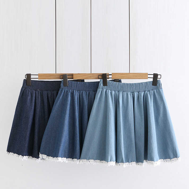 Skirts Korean Style Lace Stitching Cute Short Tutu Skirt Women Spring Summer High Elastic Waist Mini Ruffle Denim Ladies rokjes W8
