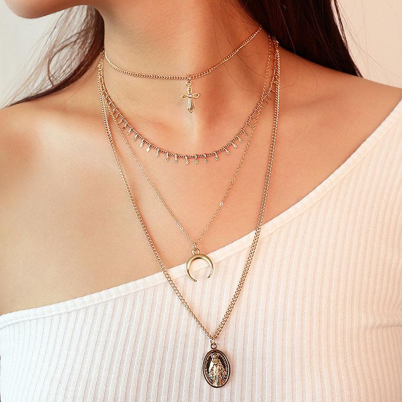 Pendant Necklaces Fashion Long Necklace 1pc Vintage Cross Moon Multi-layer Tassel Choker Gift For Women Party DecorPendant