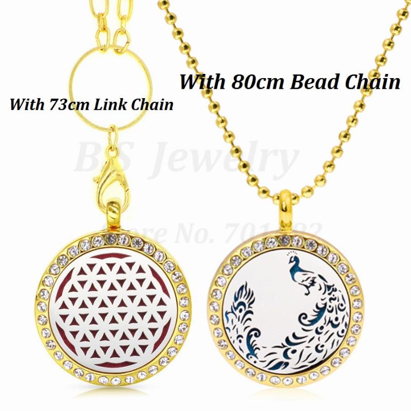 Pendant Necklaces Multiple Choices 25mm Golden Color With Crystals Perfume Essential Oil Diffuser Locket Necklace(Free Chain&Pad)