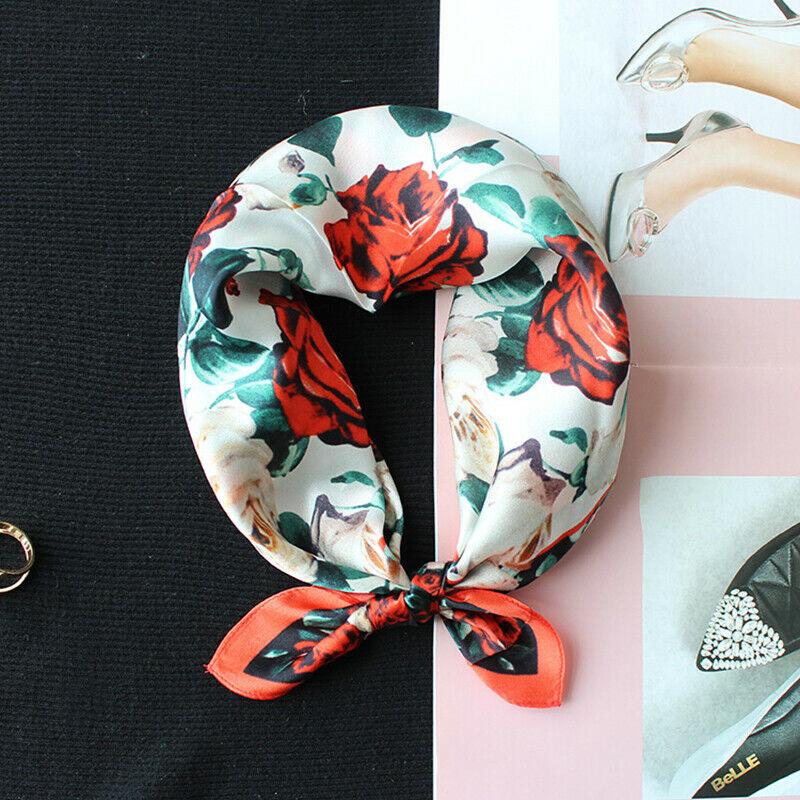 Scarves 2021 Women Fashion 100% Silk Scarf Small Bandana Flower Print Kerchief Square Headband Turban Bow Tied 53*53cm