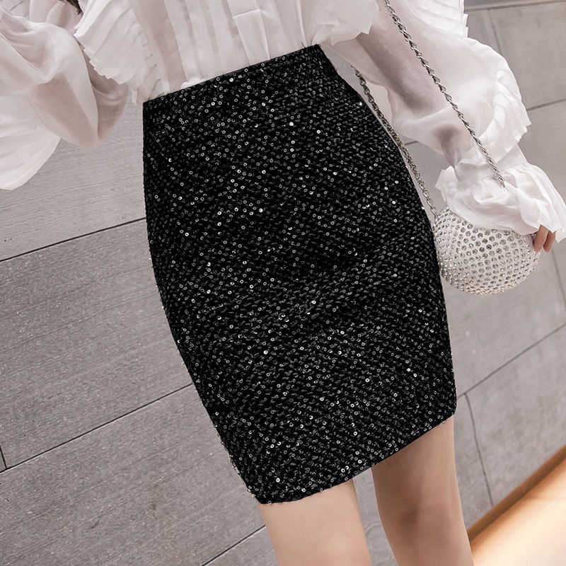 Skirts Faldas cortas con lentejuelas para mujer, falda stica de talla grande Otoo e Invierno WLKI