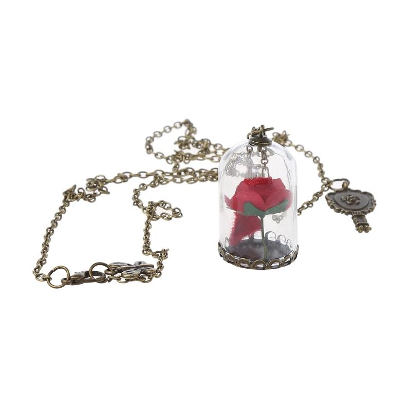 Pendant Necklaces Women Romantic Dried Flowers Glass Bronze Long Chain Beauty And Beast U4LE