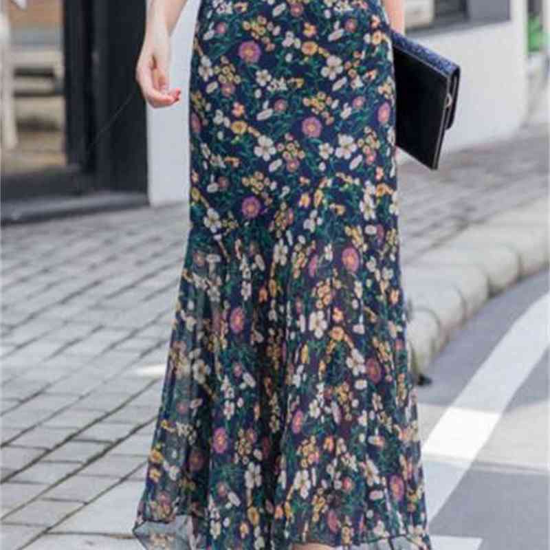 Skirts Falda de gasa sirena cintura alta para mujer, falda con estampado Q2 flores playa, estilo coreano GPUN